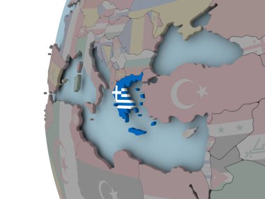 Yunanistan ile siyasi dünya üzerinde katıştırılmış bayrak. 3D çizim.