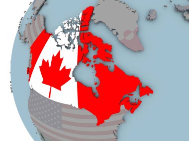 Siyasi dünya üzerinde katıştırılmış bayrağı ile Kanada. 3D çizim.