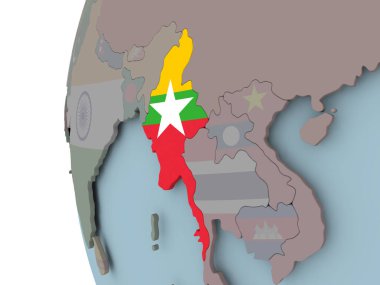 Myanmar siyasi dünya üzerinde katıştırılmış bayrak ile. 3D çizim.
