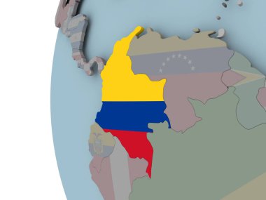 Kolombiya siyasi dünya üzerinde katıştırılmış bayrak ile. 3D çizim.