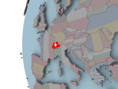 İsviçre siyasi dünya üzerinde katıştırılmış bayrak ile. 3D çizim.