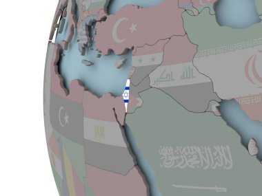 İsrail siyasi dünya üzerinde katıştırılmış bayrak ile. 3D çizim.