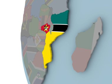 Mozambik siyasi dünya üzerinde katıştırılmış bayrak ile. 3D çizim.