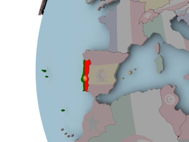 Portekiz siyasi dünya üzerinde katıştırılmış bayrak ile. 3D çizim.