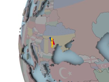 Moldova siyasi dünya üzerinde katıştırılmış bayrak ile. 3D çizim.
