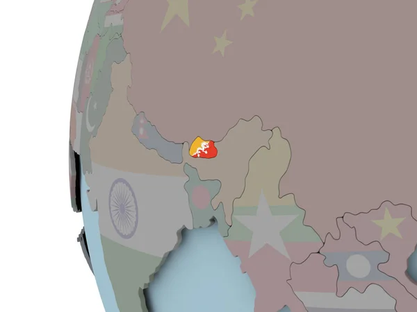 不丹与嵌入的旗子在政治地球上 — 图库照片