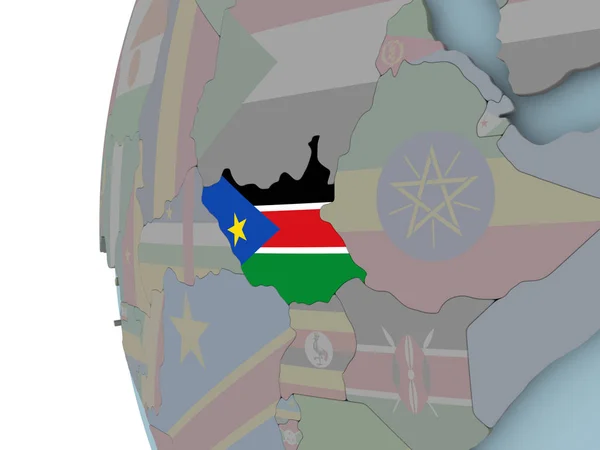 Sudão Sul Com Bandeira Embutida Globo Político Ilustração — Fotografia de Stock