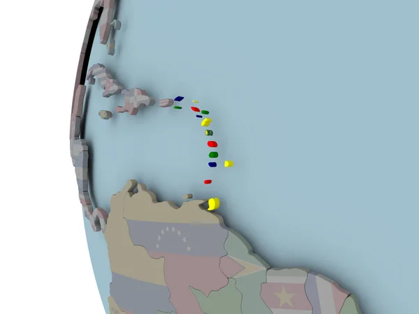 Caribbean with embedded flag on political globe. 3D illustration.