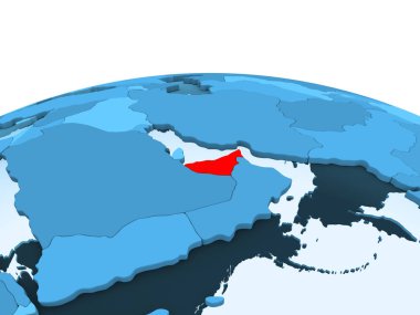 Birleşik Arap Emirlikleri Haritası kırmızı şeffaf okyanuslar ile mavi siyasi dünya üzerinde. 3D çizim.