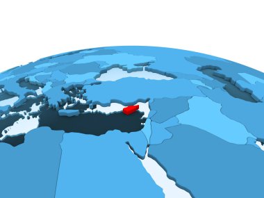 Kıbrıs haritası kırmızı şeffaf okyanuslar ile mavi siyasi dünya üzerinde. 3D çizim.