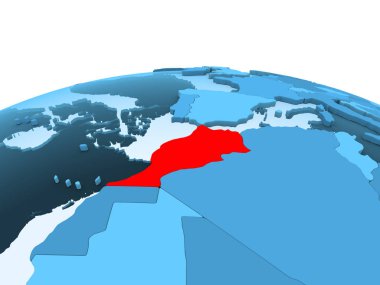 Fas Haritası kırmızı şeffaf okyanuslar ile mavi siyasi dünya üzerinde. 3D çizim.