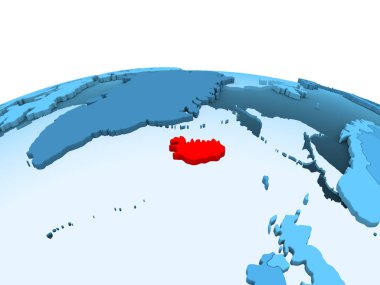 İzlanda Haritası kırmızı şeffaf okyanuslar ile mavi siyasi dünya üzerinde. 3D çizim.