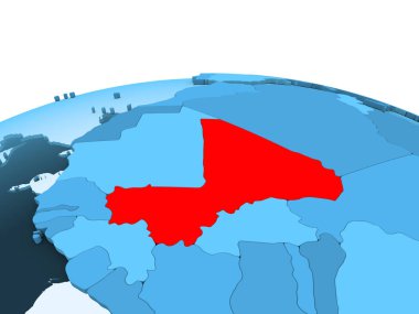 Mali Haritası kırmızı şeffaf okyanuslar ile mavi siyasi dünya üzerinde. 3D çizim.