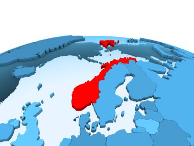 Norveç Haritası kırmızı şeffaf okyanuslar ile mavi siyasi dünya üzerinde. 3D çizim.