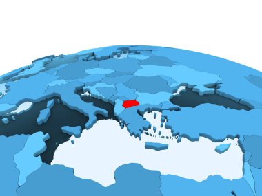 Makedonya haritası kırmızı şeffaf okyanuslar ile mavi siyasi dünya üzerinde. 3D çizim.