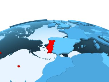 Portekiz Haritası kırmızı şeffaf okyanuslar ile mavi siyasi dünya üzerinde. 3D çizim.