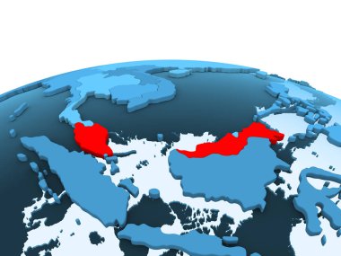 Malezya haritası kırmızı şeffaf okyanuslar ile mavi siyasi dünya üzerinde. 3D çizim.