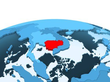 Kamboçya haritası kırmızı şeffaf okyanuslar ile mavi siyasi dünya üzerinde. 3D çizim.