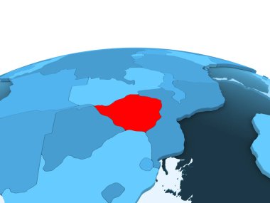 Zimbabve Haritası kırmızı şeffaf okyanuslar ile mavi siyasi dünya üzerinde. 3D çizim.
