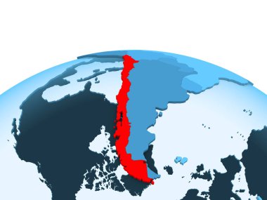 Şili Haritası kırmızı şeffaf okyanuslar ile mavi siyasi dünya üzerinde. 3D çizim.