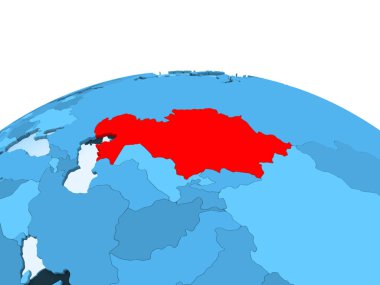 Kazakistan Haritası kırmızı şeffaf okyanuslar ile mavi siyasi dünya üzerinde. 3D çizim.