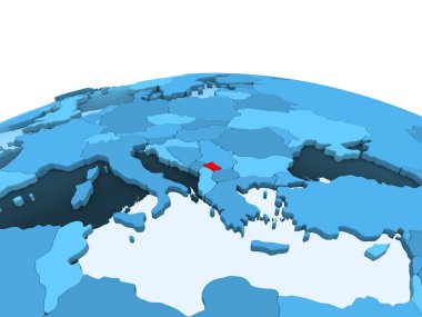 Kosova haritası kırmızı şeffaf okyanuslar ile mavi siyasi dünya üzerinde. 3D çizim.