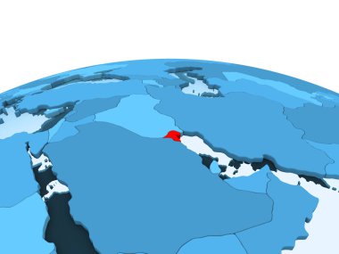 Kuveyt Haritası kırmızı şeffaf okyanuslar ile mavi siyasi dünya üzerinde. 3D çizim.