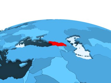 Gürcistan Haritası kırmızı şeffaf okyanuslar ile mavi siyasi dünya üzerinde. 3D çizim.