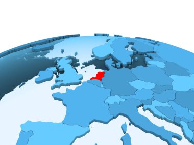 Hollanda Haritası kırmızı şeffaf okyanuslar ile mavi siyasi dünya üzerinde. 3D çizim.