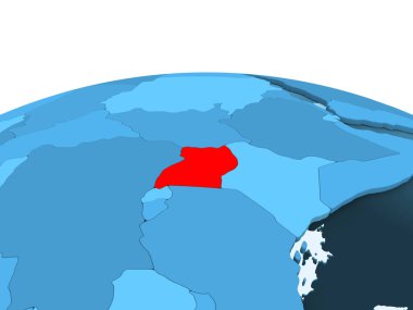 Uganda Haritası kırmızı şeffaf okyanuslar ile mavi siyasi dünya üzerinde. 3D çizim.