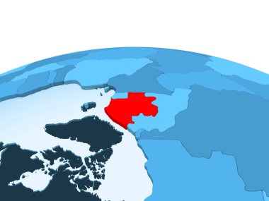 Gabon Haritası kırmızı şeffaf okyanuslar ile mavi siyasi dünya üzerinde. 3D çizim.