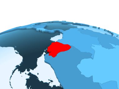 Ekvador Haritası kırmızı şeffaf okyanuslar ile mavi siyasi dünya üzerinde. 3D çizim.