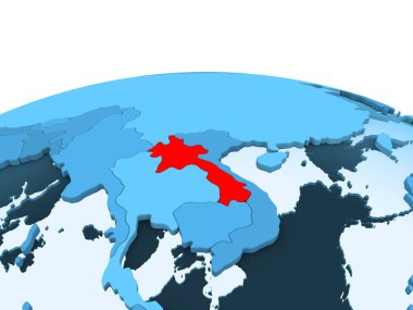 Laos Haritası kırmızı şeffaf okyanuslar ile mavi siyasi dünya üzerinde. 3D çizim.