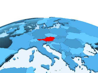Kırmızı şeffaf okyanuslar ile mavi siyasi dünya üzerinde harita (Avusturya). 3D çizim.