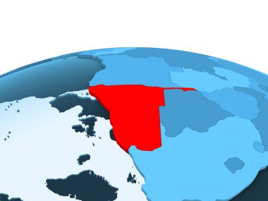 Namibya Haritası kırmızı şeffaf okyanuslar ile mavi siyasi dünya üzerinde. 3D çizim.