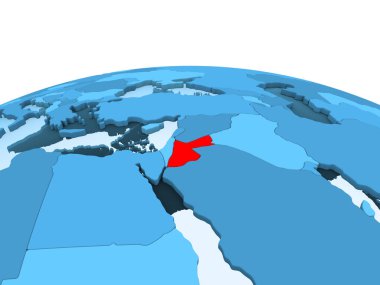 Ürdün Haritası kırmızı şeffaf okyanuslar ile mavi siyasi dünya üzerinde. 3D çizim.