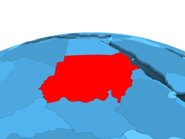 Sudan Haritası kırmızı şeffaf okyanuslar ile mavi siyasi dünya üzerinde. 3D çizim.