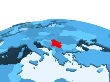 Kırmızı şeffaf okyanuslar ile mavi siyasi dünya üzerinde harita Sırbistan. 3D çizim.