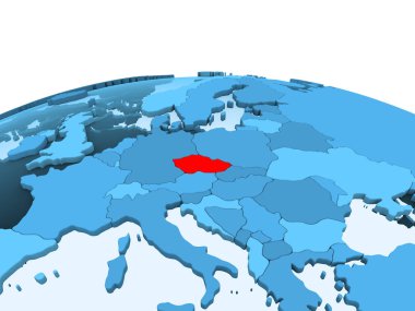 Çek Cumhuriyeti Haritası kırmızı şeffaf okyanuslar ile mavi siyasi dünya üzerinde. 3D çizim.