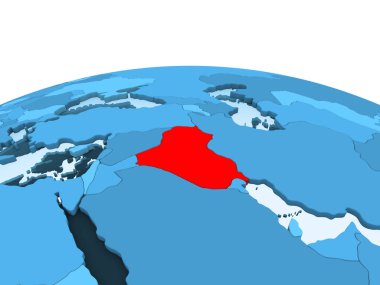 Irak Haritası kırmızı şeffaf okyanuslar ile mavi siyasi dünya üzerinde. 3D çizim.