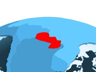 Paraguay Haritası kırmızı şeffaf okyanuslar ile mavi siyasi dünya üzerinde. 3D çizim.