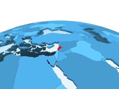 Lübnan Haritası kırmızı şeffaf okyanuslar ile mavi siyasi dünya üzerinde. 3D çizim.