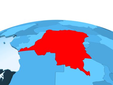 Demokratik Kongo Cumhuriyeti Haritası kırmızı şeffaf okyanuslar ile mavi siyasi dünya üzerinde. 3D çizim.
