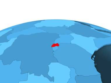 Ruanda Haritası kırmızı şeffaf okyanuslar ile mavi siyasi dünya üzerinde. 3D çizim.