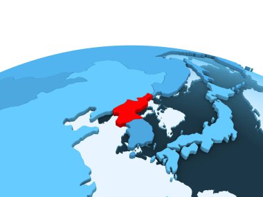 Kuzey Kore Haritası kırmızı şeffaf okyanuslar ile mavi siyasi dünya üzerinde. 3D çizim.