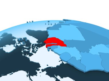 Senegal haritası kırmızı şeffaf okyanuslar ile mavi siyasi dünya üzerinde. 3D çizim.