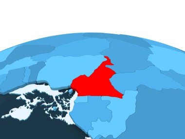 Kamerun Haritası kırmızı şeffaf okyanuslar ile mavi siyasi dünya üzerinde. 3D çizim.