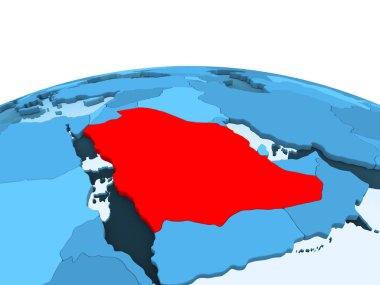 Suudi Arabistan Haritası kırmızı şeffaf okyanuslar ile mavi siyasi dünya üzerinde. 3D çizim.
