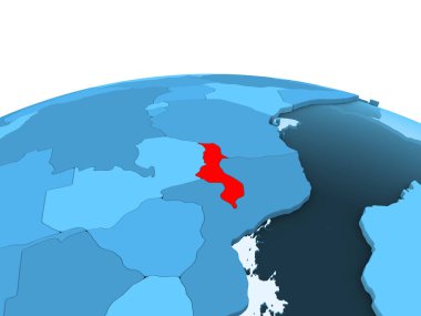 Malavi Haritası kırmızı şeffaf okyanuslar ile mavi siyasi dünya üzerinde. 3D çizim.