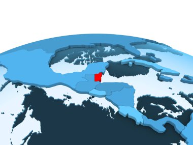 Belize Haritası kırmızı şeffaf okyanuslar ile mavi siyasi dünya üzerinde. 3D çizim.